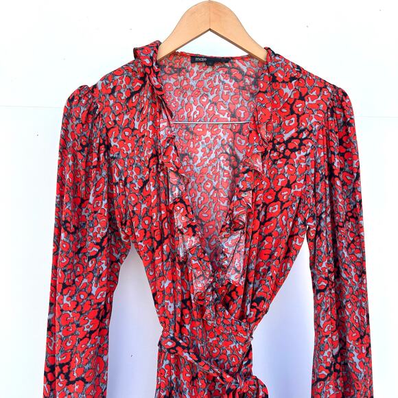 Maje Red Floral Printed Wrap Dress Mini Feminine Cotton Size 3 Large Boho - Picture 5 of 7